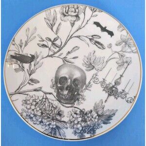 Halloween Skull Bat Raven Plate 6" Gold Black White Park Chateau Dessert Goth